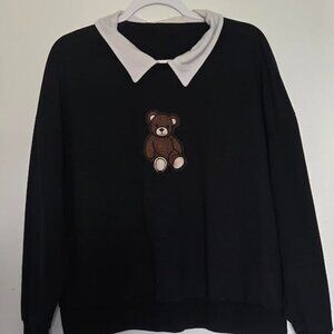 Embroidered Bear Collared Sweatshirt